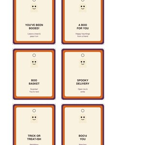 May include: Six rectangular gift tags with cream centers, orange and purple borders, and a small ghost icon at the top. Each tag features black text: YOU'VE BEEN BOOED!, A BOO FOR YOU, BOO BASKET, SPOOKY DELIVERY, TRICK OR TREAT-ISH, and BOO'd YOU.