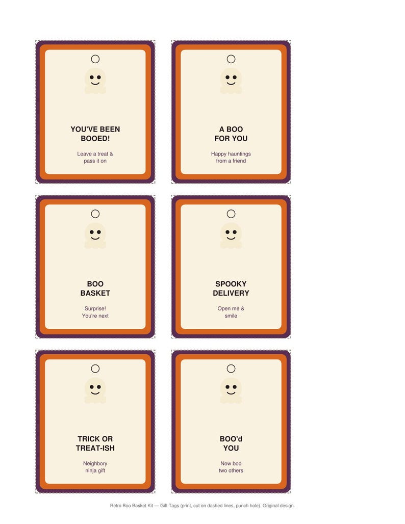 May include: Six rectangular gift tags with cream centers, orange and purple borders, and a small ghost icon at the top. Each tag features black text: YOU'VE BEEN BOOED!, A BOO FOR YOU, BOO BASKET, SPOOKY DELIVERY, TRICK OR TREAT-ISH, and BOO'd YOU.