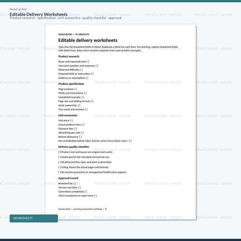 May include: A white digital document titled Editable delivery worksheets featuring sections for product research, specification, unit economics, a delivery quality checklist, and an approval record with bracketed fields for user input.