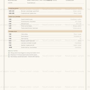 May include: A wedding reception run of show template printed on white paper with black text and tan headers. The document outlines a schedule from 3:45 PM to 10:00 PM, including sections for cocktail hour, arrivals, dinner, celebration, and special notes.
