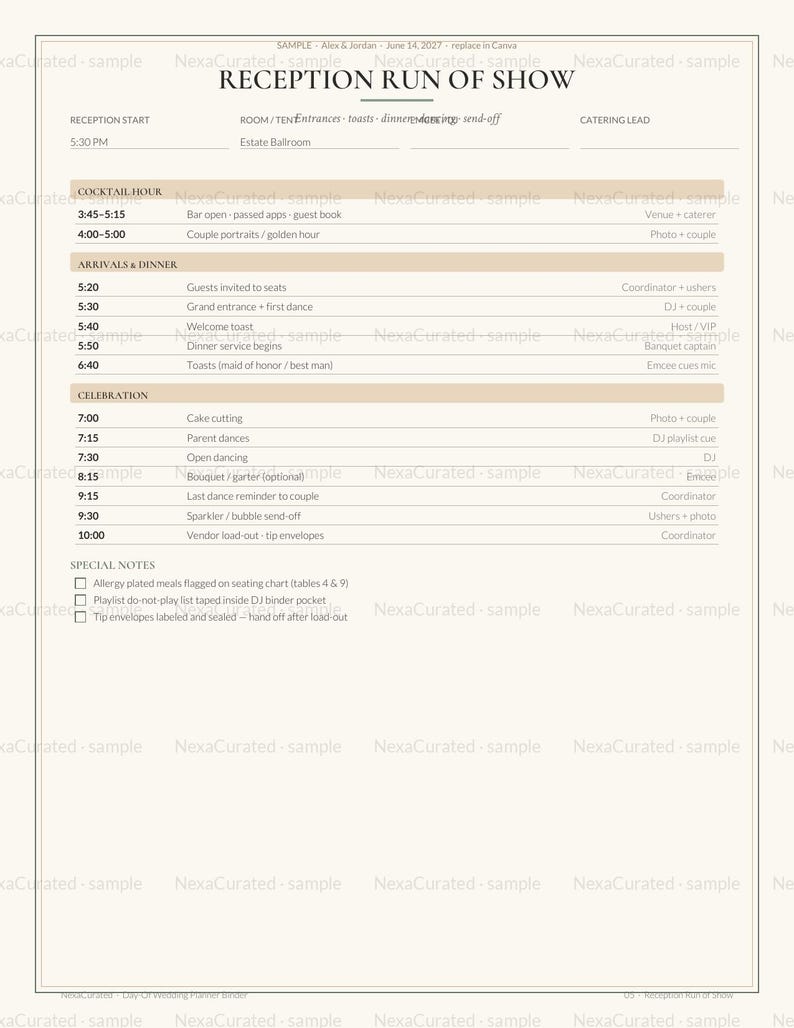 May include: A wedding reception run of show template printed on white paper with black text and tan headers. The document outlines a schedule from 3:45 PM to 10:00 PM, including sections for cocktail hour, arrivals, dinner, celebration, and special notes.