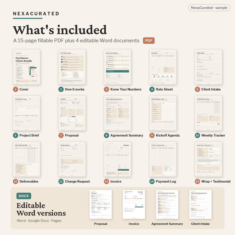 フリーランサー向けクライアントバンドル、提案書、請求書、契約書、受付テンプレート、PDF + 編集可能なDOCX形式の即時ダウンロード 画像 2