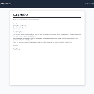 K&ouml;nnte beinhalten: Eine wei&szlig;e digitale Anschreiben-Vorlage mit dem Namen Alex Rivera in fetter, dunkler Schrift am oberen Rand. Das Dokument enth&auml;lt Platzhalter f&uuml;r Kontaktinformationen, Datum, Einstellungsmanager, Firmenname und einen Textabschnitt.