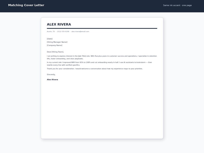 K&ouml;nnte beinhalten: Eine wei&szlig;e digitale Anschreiben-Vorlage mit dem Namen Alex Rivera in fetter, dunkler Schrift am oberen Rand. Das Dokument enth&auml;lt Platzhalter f&uuml;r Kontaktinformationen, Datum, Einstellungsmanager, Firmenname und einen Textabschnitt.