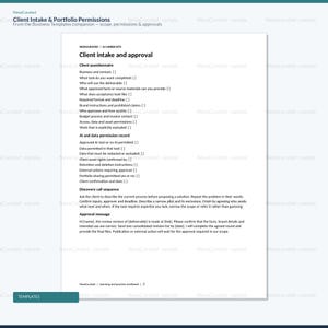 May include: A white document titled Client Intake and Portfolio Permissions featuring sections for Client intake and approval, Client questionnaire, AI and data permission record, Discovery call sequence, and an Approval message template.
