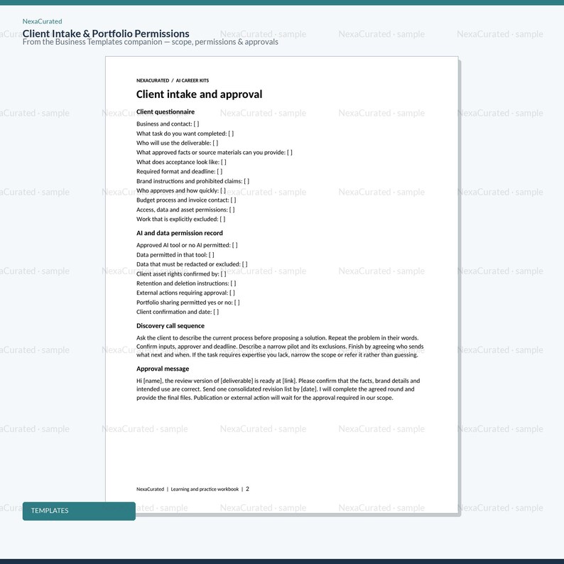 May include: A white document titled Client Intake and Portfolio Permissions featuring sections for Client intake and approval, Client questionnaire, AI and data permission record, Discovery call sequence, and an Approval message template.