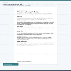 Może przedstawiać: Biały dokument zatytułowany Worked example and portfolio task, zawierający czarny tekst na białym tle. Treść obejmuje sekcje dotyczące fikcyjnego briefu, gotowego przykładowego scenariusza, sekwencji zdjęć oraz podpisu do portfolio.