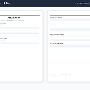 K&ouml;nnte beinhalten: Eine zweiseitige Lebenslaufvorlage mit einem klaren Layout und &Uuml;berschriften f&uuml;r Alex Rivera, Professional Summary, Core Skills, Experience, Earlier Role, Education & Development sowie Selected Achievements mit Platzhalterzeilen f&uuml;r Text.