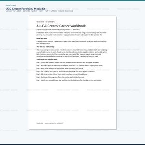 Może przedstawiać: Biały dokument zatytułowany AI UGC Creator Career Workbook zawierający siedmiodniowy plan ćwiczeń dla początkujących. Tekst opisuje kroki tworzenia film&oacute;w z prezentacją produkt&oacute;w, w tym planowanie, filmowanie, montaż i kontakt z markami.