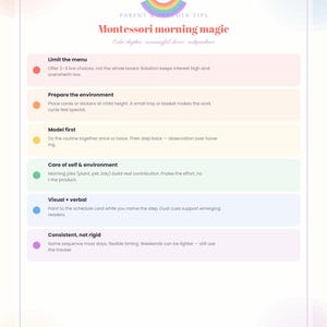 Op de afbeelding: Een printbare educatieve gids getiteld Montessori morning magic met een regenboogicoon. Het bevat zes kleurgecodeerde secties met tips voor ouders en leraren, waaronder koppen zoals Limit the menu, Prepare the environment en Consistent, not rigid.
