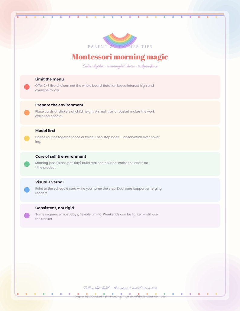 Op de afbeelding: Een printbare educatieve gids getiteld Montessori morning magic met een regenboogicoon. Het bevat zes kleurgecodeerde secties met tips voor ouders en leraren, waaronder koppen zoals Limit the menu, Prepare the environment en Consistent, not rigid.