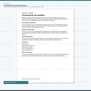 Może przedstawiać: Biały dokument zatytułowany AI Workflow Practice Exercises oraz AI exercises for the workflow. Tekst zawiera instrukcje dotyczące tworzenia planu zdjęciowego, poprawy scenariuszy, weryfikacji przed dostawą oraz sekcję dziennika praktyk.
