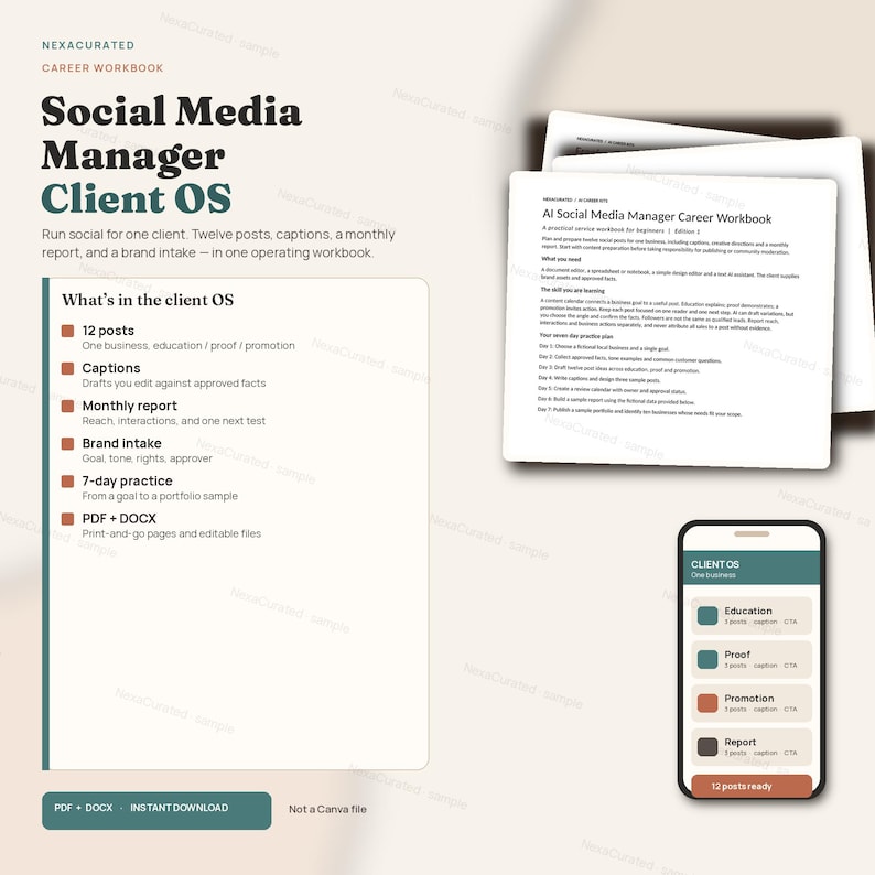 K&ouml;nnte beinhalten: Ein digitales Karriere-Arbeitsbuch mit dem Titel Social Media Manager Client OS, das eine Inhaltsliste mit 12 Beitr&auml;gen, Bildunterschriften, Monatsberichten, Markenaufnahme und 7-Tage-Praxis enth&auml;lt. Beinhaltet eine Smartphone-Schnittstellenanzeige.