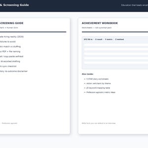 K&ouml;nnte beinhalten: Ein digitales Arbeitsbuch und Screening-Leitfaden mit zwei wei&szlig;en Feldern und schwarzem Text. Das linke Feld listet Themen zum Screening im KI-Zeitalter auf, w&auml;hrend das rechte Feld ein Leistungs-Arbeitsbuch mit Ausf&uuml;llfeldern und Abschnitten zeigt.
