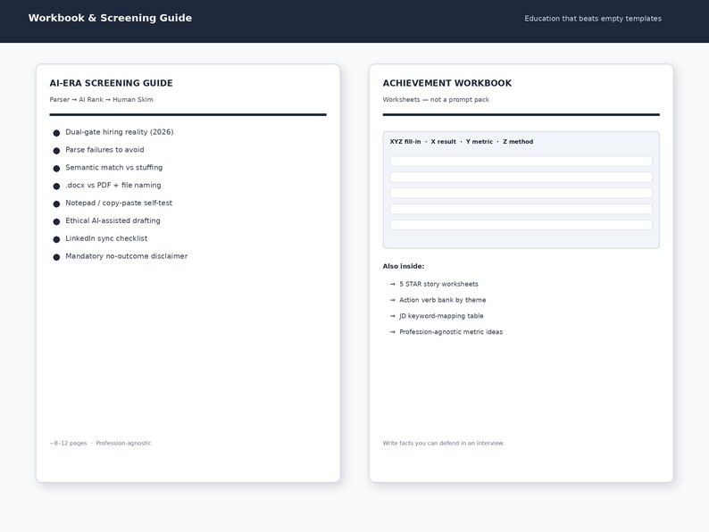 K&ouml;nnte beinhalten: Ein digitales Arbeitsbuch und Screening-Leitfaden mit zwei wei&szlig;en Feldern und schwarzem Text. Das linke Feld listet Themen zum Screening im KI-Zeitalter auf, w&auml;hrend das rechte Feld ein Leistungs-Arbeitsbuch mit Ausf&uuml;llfeldern und Abschnitten zeigt.