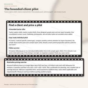 K&ouml;nnte beinhalten: Ein digitales Dokument mit dem Titel The bounded client pilot, das Abschnitte zur Kundengewinnung, Pilotprojekt-Preisgestaltung und eine illustrative Preis&uuml;bung enth&auml;lt. Der Text beschreibt ein Starter-Angebot mit zw&ouml;lf Entw&uuml;rfen f&uuml;r Bildunterschriften, kreativen Briefings, Beispielbeitr&auml;gen und einer Berichtsvorlage.