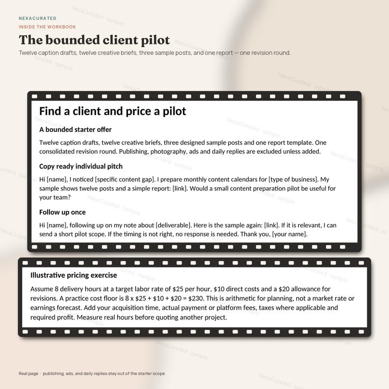 K&ouml;nnte beinhalten: Ein digitales Dokument mit dem Titel The bounded client pilot, das Abschnitte zur Kundengewinnung, Pilotprojekt-Preisgestaltung und eine illustrative Preis&uuml;bung enth&auml;lt. Der Text beschreibt ein Starter-Angebot mit zw&ouml;lf Entw&uuml;rfen f&uuml;r Bildunterschriften, kreativen Briefings, Beispielbeitr&auml;gen und einer Berichtsvorlage.