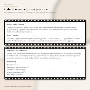 K&ouml;nnte beinhalten: Eine Arbeitsbuchseite mit dem Titel Calendar and caption practice, die zwei schwarze rechteckige Rahmen mit Filmstreifenr&auml;ndern zeigt. Der Text enth&auml;lt Anweisungen zum Erstellen eines Kalenders, zum Schreiben von Bildunterschriften, zum Interpretieren von Berichten und zum F&uuml;hren eines &Uuml;bungsprotokolls.
