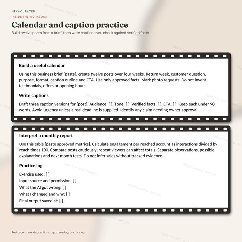 K&ouml;nnte beinhalten: Eine Arbeitsbuchseite mit dem Titel Calendar and caption practice, die zwei schwarze rechteckige Rahmen mit Filmstreifenr&auml;ndern zeigt. Der Text enth&auml;lt Anweisungen zum Erstellen eines Kalenders, zum Schreiben von Bildunterschriften, zum Interpretieren von Berichten und zum F&uuml;hren eines &Uuml;bungsprotokolls.