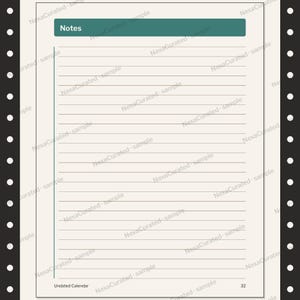 Op de afbeelding: Een pagina uit een ongedateerde kalender met een blauwgroene koptekst met het label Notes, gevolgd door horizontale lijnen om op te schrijven. De pagina heeft een verticale blauwgroene lijn aan de linkerkant, paginanummer 32 rechtsonder en de tekst Undated Calendar linksonder.