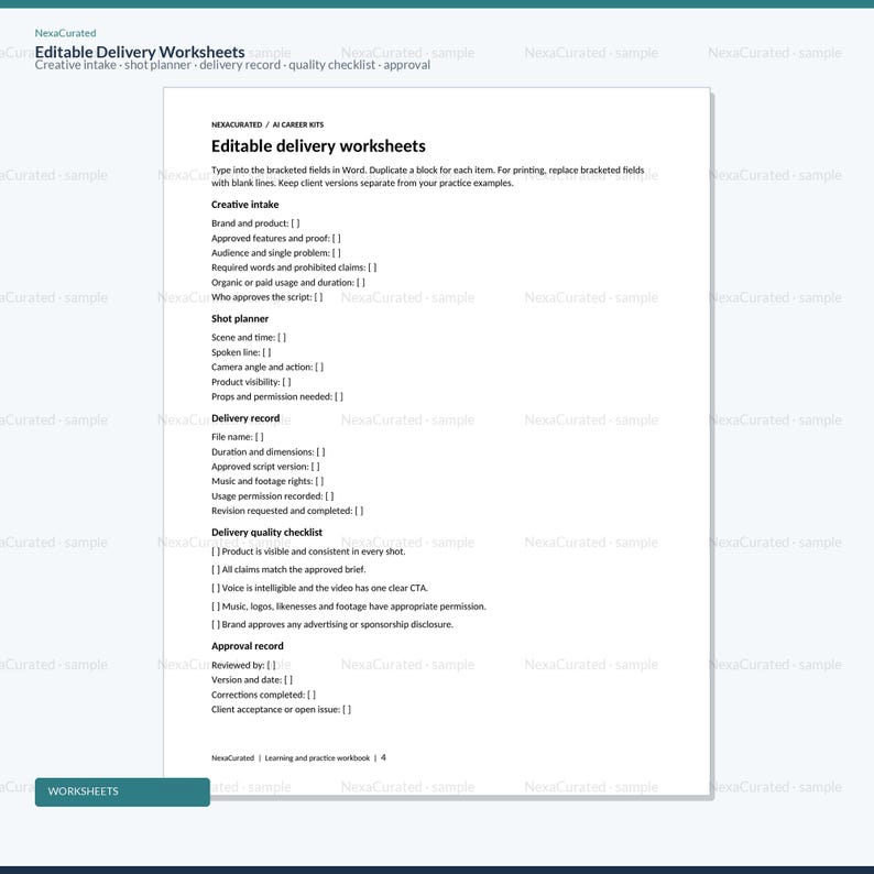 Może przedstawiać: Biały dokument zatytułowany Editable delivery worksheets zawierający sekcje Creative intake, Shot planner, Delivery record, Delivery quality checklist oraz Approval record. Tekst zawiera pola w nawiasach kwadratowych.