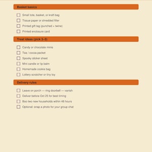 May include: A Boo Basket Assembly Checklist printed on a light cream background with orange headers. The document features sections for basket basics, treat ideas, and delivery rules, each with checkboxes. Two white ghost icons frame the title.