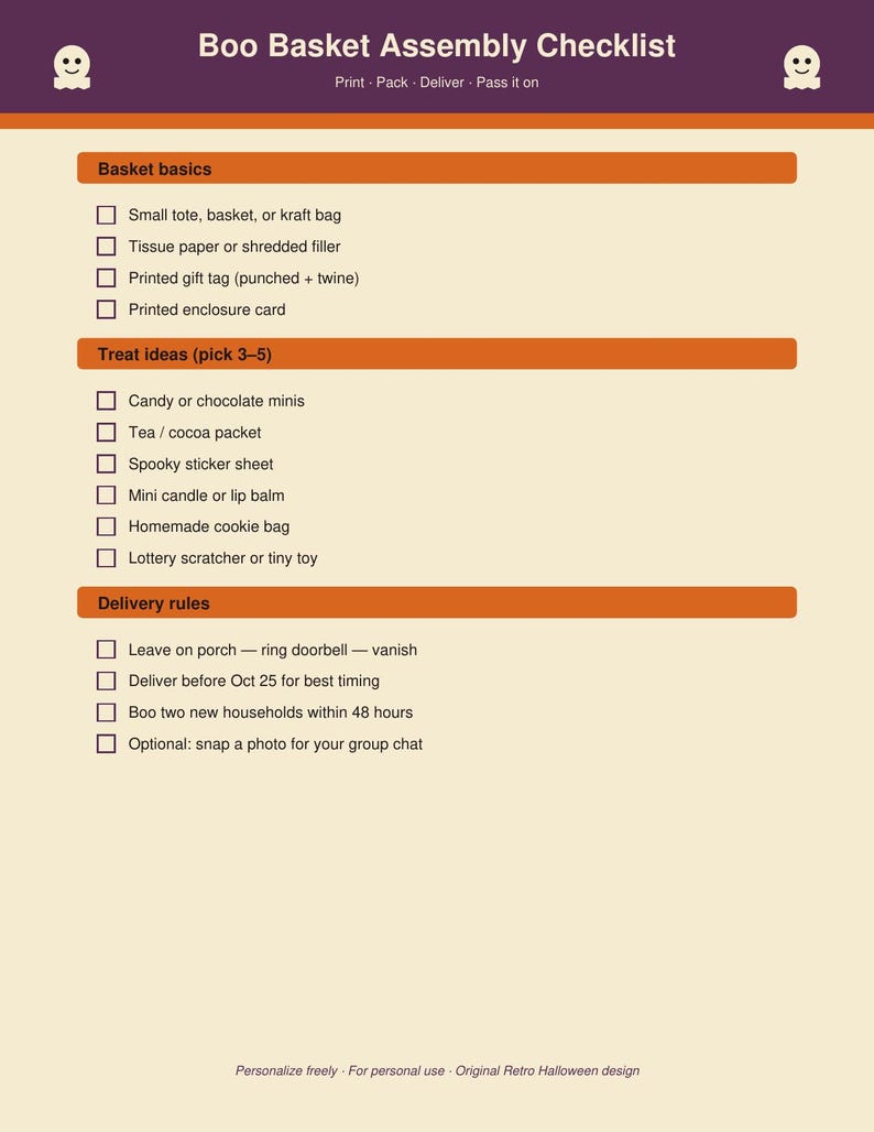 May include: A Boo Basket Assembly Checklist printed on a light cream background with orange headers. The document features sections for basket basics, treat ideas, and delivery rules, each with checkboxes. Two white ghost icons frame the title.