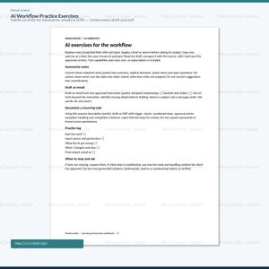 Puede incluir: Un documento blanco titulado AI Workflow Practice Exercises que incluye secciones sobre c&oacute;mo resumir notas, redactar correos electr&oacute;nicos, documentar tareas recurrentes y un registro de pr&aacute;ctica para flujos de trabajo con IA.