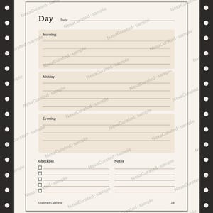Op de afbeelding: Een dagplanner-pagina met een cr&egrave;mekleurige achtergrond en zwarte tekst. Het bevat secties met de labels Day, Date, Morning, Midday, Evening, Checklist en Notes. De lay-out bevat horizontale lijnen om op te schrijven en vijf selectievakjes. Het paginanummer 28 staat rechtsonder.