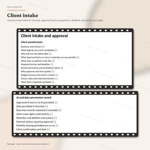 K&ouml;nnte beinhalten: Ein Dokument mit dem Titel Client intake and approval, das einen Kundenfragebogen mit Feldern f&uuml;r Gesch&auml;ftskontakte, Aufgaben, Ergebnisse und Fristen enth&auml;lt. Darunter befindet sich ein Datensatz f&uuml;r KI- und Datenberechtigungen mit Kontrollk&auml;stchen.