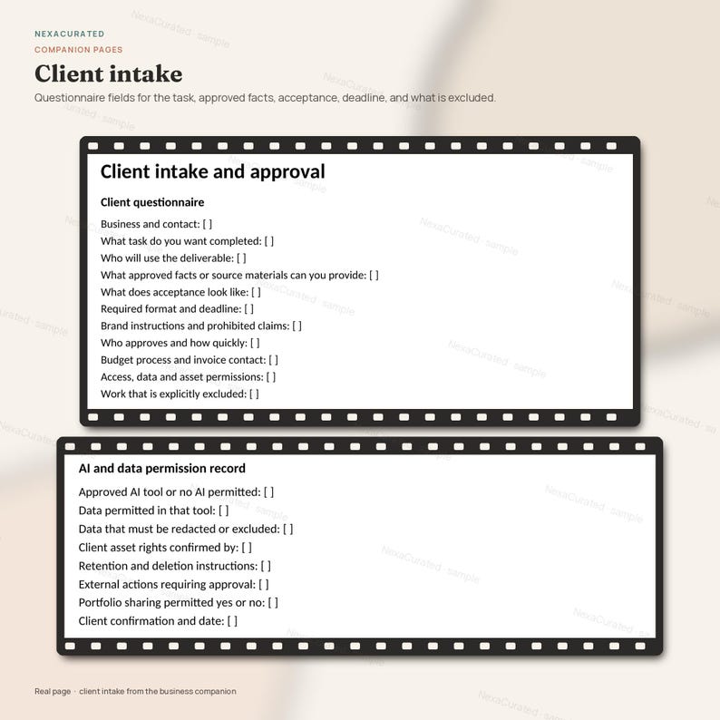 K&ouml;nnte beinhalten: Ein Dokument mit dem Titel Client intake and approval, das einen Kundenfragebogen mit Feldern f&uuml;r Gesch&auml;ftskontakte, Aufgaben, Ergebnisse und Fristen enth&auml;lt. Darunter befindet sich ein Datensatz f&uuml;r KI- und Datenberechtigungen mit Kontrollk&auml;stchen.