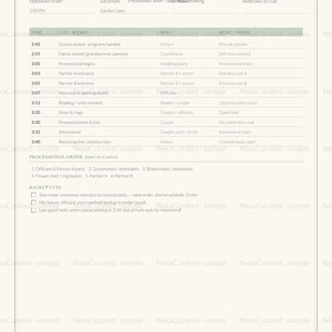May include: A wedding ceremony run of show template printed on white paper with black text. The document features a table outlining the timeline, actions, participants, and music cues, along with a processional order list and backup cues.