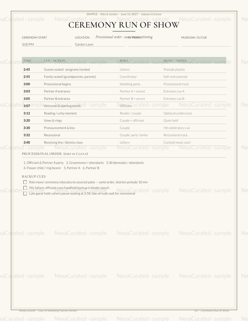 May include: A wedding ceremony run of show template printed on white paper with black text. The document features a table outlining the timeline, actions, participants, and music cues, along with a processional order list and backup cues.
