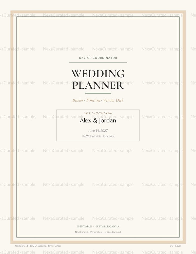 May include: A cream-coloured wedding planner cover page featuring the text DAY-OF COORDINATOR, WEDDING PLANNER, Binder, Timeline, Vendor Desk, Alex & Jordan, 14 June 2027, and The Willow Estate, Greenville, enclosed within a thin brown border.