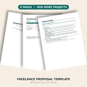 Könnte beinhalten: Eine digitale Freelance-Angebotvorlage mit acht Seiten und Abschnitten mit den Titeln Project Scope, Investment und Freelance. Der Text enthält Details zu Liefergegenständen, Preisen und Discovery-Workshops in einem klaren, professionellen Layout.