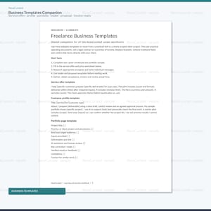 Puede incluir: Un documento blanco titulado Freelance Business Templates de NexaCurated. La p&aacute;gina contiene instrucciones y secciones rellenables para ofertas de servicios, perfiles de freelance y p&aacute;ginas de portafolio para ayudar a definir proyectos.