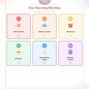 Op de afbeelding: Een visueel ochtendschema getiteld Our Morning Rhythm met zes genummerde stappen in gekleurde vakjes. Elke stap bevat een icoon en een selectievakje voor taken zoals wakker worden, wassen, aankleden, ontbijten en klaar zijn voor de dag.