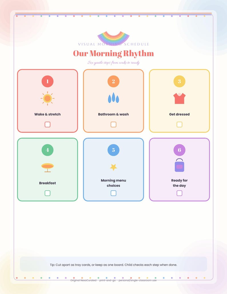 Op de afbeelding: Een visueel ochtendschema getiteld Our Morning Rhythm met zes genummerde stappen in gekleurde vakjes. Elke stap bevat een icoon en een selectievakje voor taken zoals wakker worden, wassen, aankleden, ontbijten en klaar zijn voor de dag.