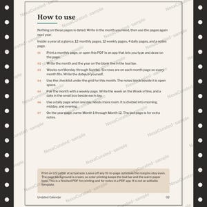 Op de afbeelding: Een cr&egrave;mekleurige instructiepagina getiteld How to use, met zwarte tekst en genummerde stappen voor een ongedateerde kalender. Het bevat instructies voor maand-, week- en dagpagina's, plus afdrukinstructies voor US Letter-formaat.