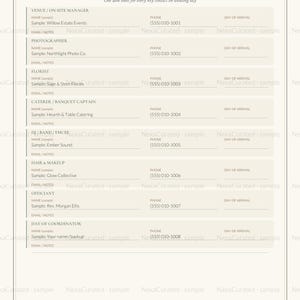 May include: A beige vendor contact sheet for wedding planning with the title VENDOR CONTACTS and the subtitle One desk sheet for every key contact on wedding day. It includes fields for venue, photographer, florist, caterer, DJ, hair, and officiant.