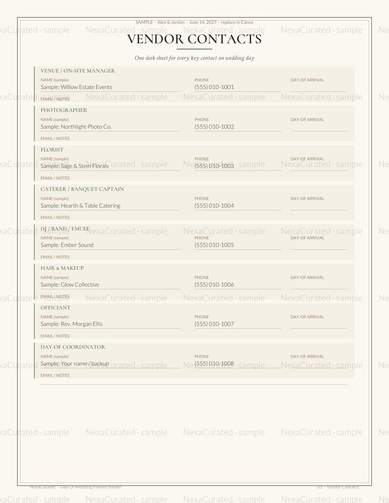 May include: A beige vendor contact sheet for wedding planning with the title VENDOR CONTACTS and the subtitle One desk sheet for every key contact on wedding day. It includes fields for venue, photographer, florist, caterer, DJ, hair, and officiant.