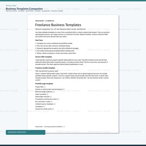 May include: A white document titled Freelance Business Templates by NexaCurated. The page contains instructions and fillable sections for service offers, freelance profiles, and portfolio pages, designed to assist with client project scoping.