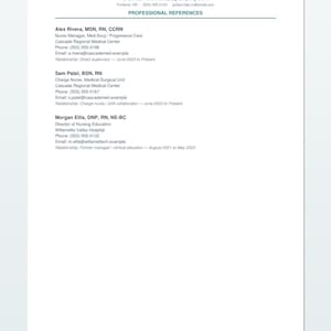 Pu&ograve; includere: Un modello di pagina per referenze professionali per Jordan Hale, BSN, RN, contenente informazioni di contatto e un elenco di tre referenze, tra cui Alex Rivera, Sam Patel e Morgan Ellis, con i rispettivi titoli professionali, organizzazioni e recapiti.
