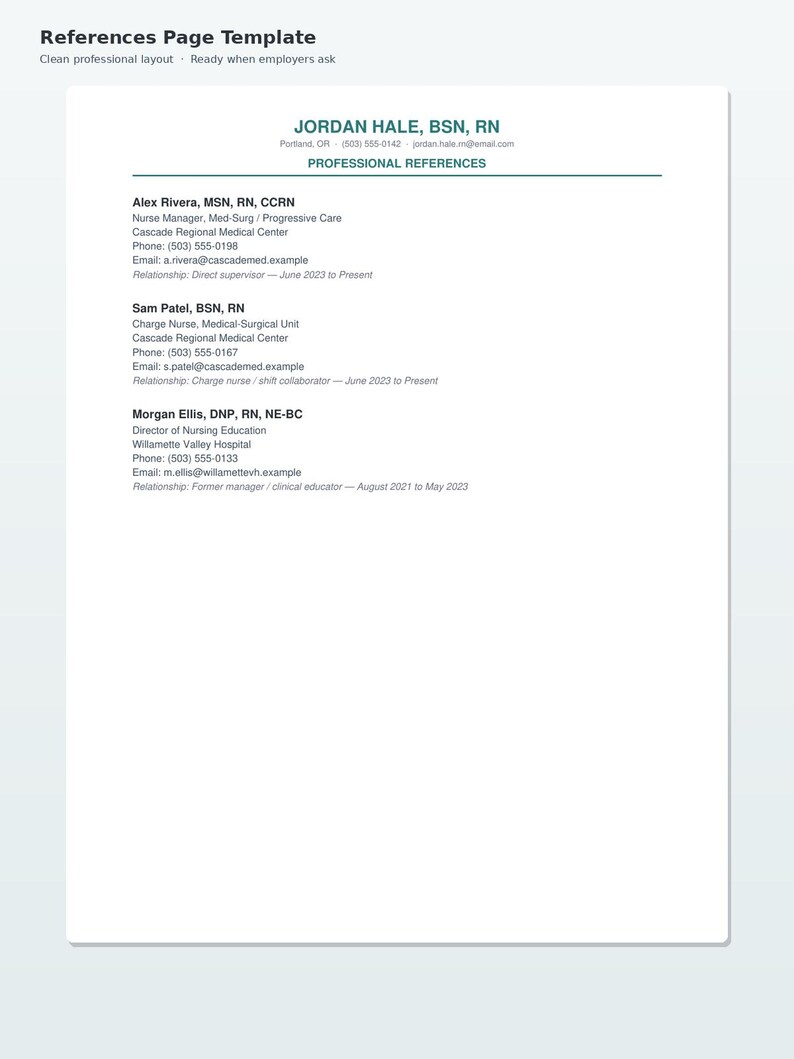 Pu&ograve; includere: Un modello di pagina per referenze professionali per Jordan Hale, BSN, RN, contenente informazioni di contatto e un elenco di tre referenze, tra cui Alex Rivera, Sam Patel e Morgan Ellis, con i rispettivi titoli professionali, organizzazioni e recapiti.