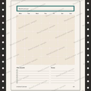 Op de afbeelding: Een maandelijkse kalenderplannerpagina met een groenblauw koptekstvak met het label Month and year, een raster van beige vierkanten voor de dagen, een checklistsectie getiteld This month, een sectie Notes en de tekst Undated Calendar onderaan.
