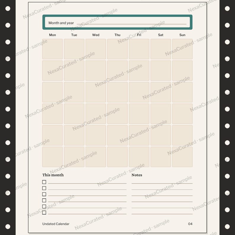 Op de afbeelding: Een maandelijkse kalenderplannerpagina met een groenblauw koptekstvak met het label Month and year, een raster van beige vierkanten voor de dagen, een checklistsectie getiteld This month, een sectie Notes en de tekst Undated Calendar onderaan.