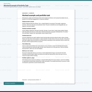 May include: A white document page titled Worked example and portfolio task, featuring black text sections including Original product concept, Finished worksheet example, Finished quick start, Test evidence log, Build your own version, and Portfolio caption to adapt.