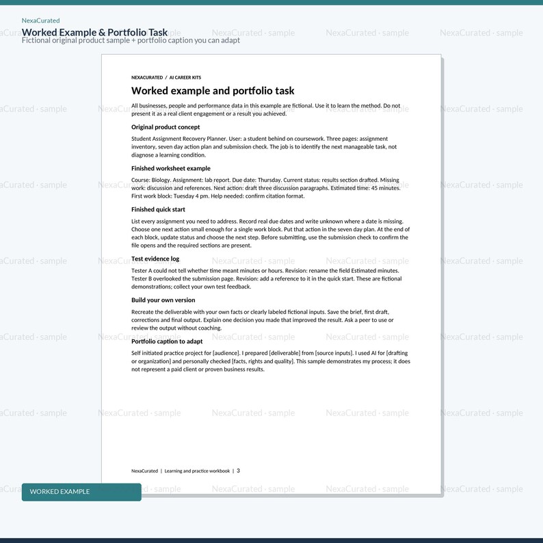 May include: A white document page titled Worked example and portfolio task, featuring black text sections including Original product concept, Finished worksheet example, Finished quick start, Test evidence log, Build your own version, and Portfolio caption to adapt.
