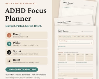 ADHS-Fokusplaner, Brainstorming, Gewohnheitstracker (PDF-Sofort-Download)