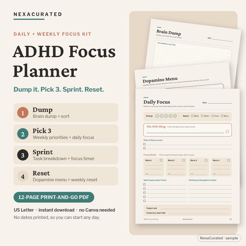 ADHD Focus Planner, Brain Dump, Habit Tracker (PDF Instant Download) image 1